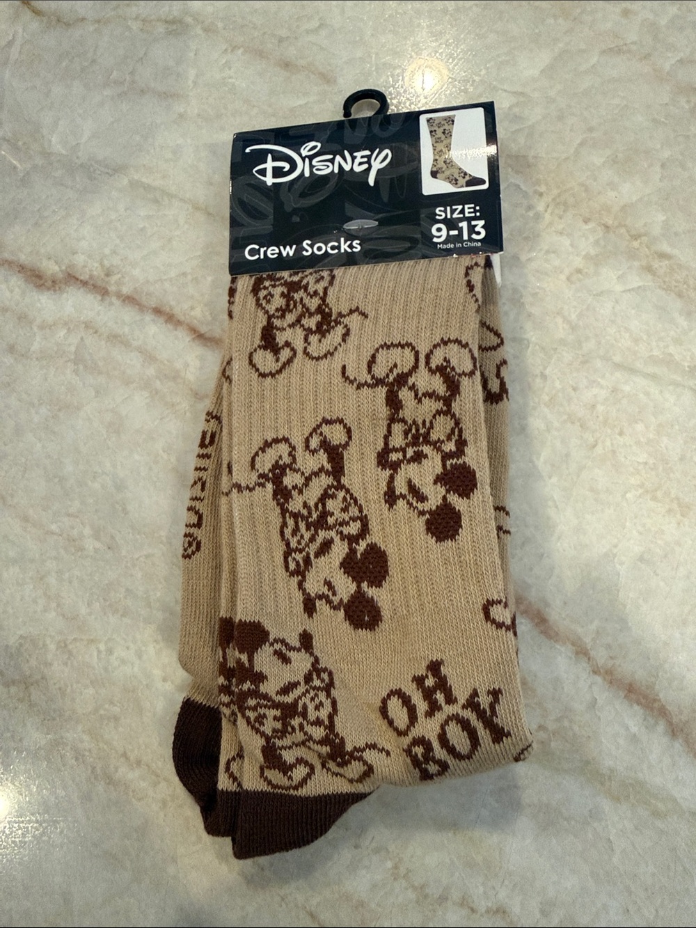Disney Men’s Crew Socks in Tan and Brown with Mickey 'Oh boy' 9-13
